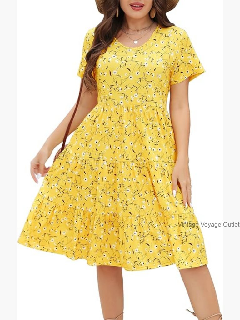 Plus Size Tiered Midi Babydoll Dress Short Sleeve Ruffle Hem
